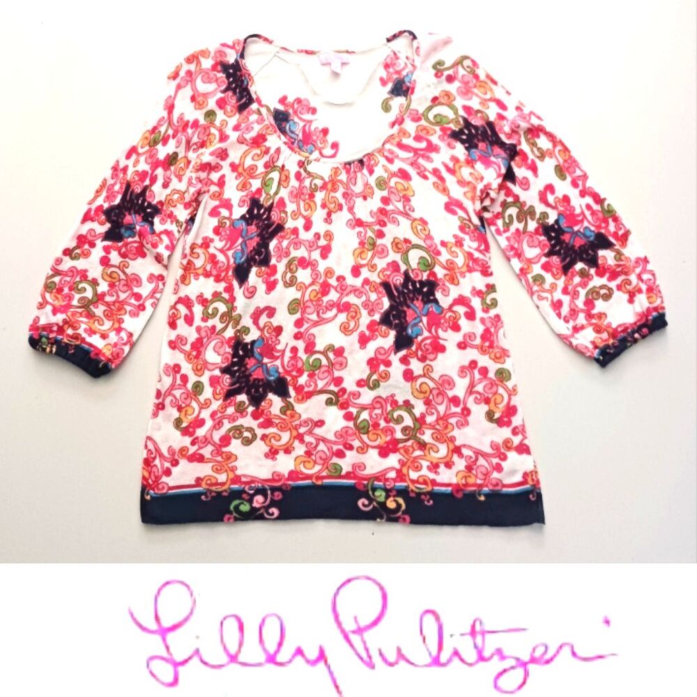 Lilly Pulitzer Cotton Knit Scoop Neck Top Pink/Navy Print Lightweight Sz S